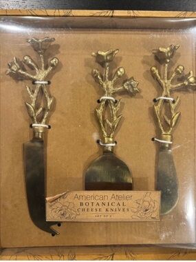 American Atelier NEW Botanical Handle Cheese Knives Set of 3 Gold Cottagecore